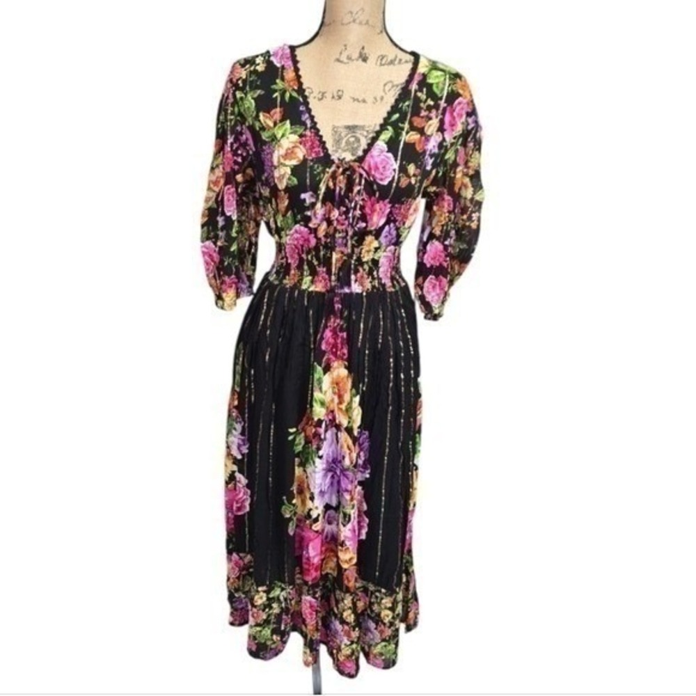 Anthropologie X Magic Me Floral Victorian Renaissance Black Midi‎ Peasant Dress